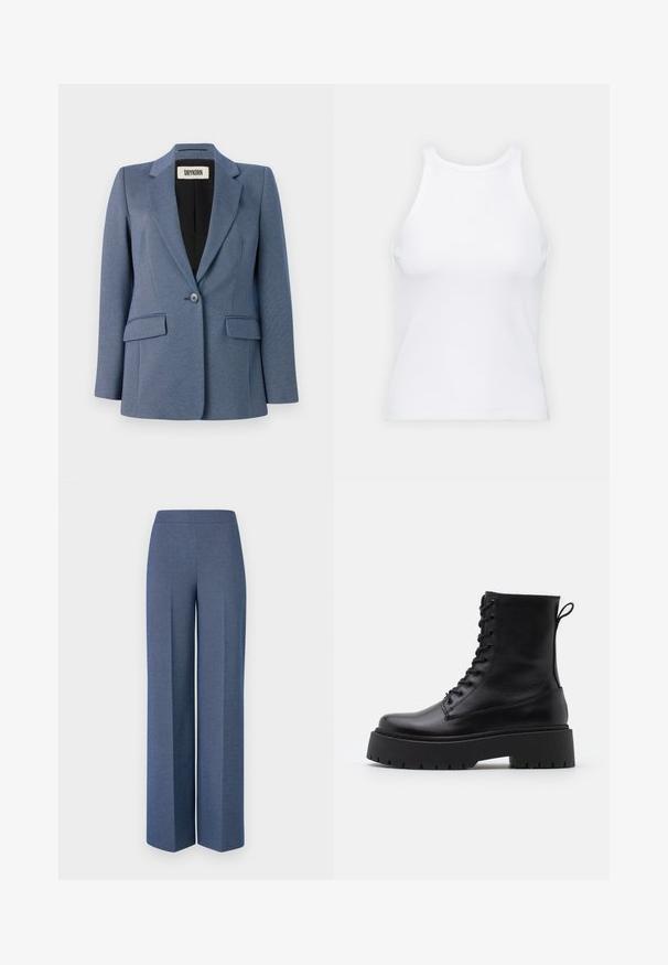 Blå skreddersydd blazer med teksturert stoff, enkel knappelukking, to framlommer og svart fôr. Merkbar kragedesign.; Hvit ermeløs tanktop laget av ribbet stoff, med rund hals og en tettsittende silhuett, med minimale sømmer og ingen dekorasjoner.; Bredde bukser i teksturert blåt stoff med en glatt linning og skarpe folder foran, som fremhever et skreddersydd design.; Sorte skinn ankelstøvler med rund tå, snøring foran og tykk gummisåle med teksturert mønster. Håndtak bak.