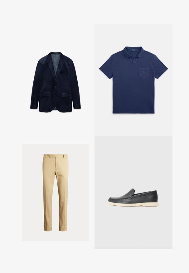 Tumesinise sametist meeste bleiser kinnislõhe, ühekordse nööpkinnituse, kahe esiplaaditasku ja ühe rinnataskuga.; Tumesinise värviga puuvillane polosärk, millel on kokkupandav krae, lühikesed varrukad ja rinnatasku väikese logoga.; Khaki chinos, mis valmistatud siledast puuvillakangast, omavad kätkiva disaini, ees pleate ning pahkluul soonikuga, mis lisab kitsendatud ilmet.; Must musta sussid mustast nahast, millel on tekstuuriga pind ja kontrastne beež kummitald. Ees on peen aktsent.