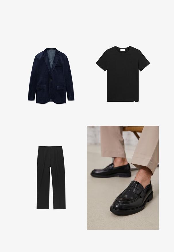 Pánské sako z námořnicky modrého sametu s výstřihem do zářezu, zapínáním na jeden knoflík, dvěma předními kapsami s klopami a jednou náprsní kapsou.; Černé tričko s krátkým rukávem vyrobené z bavlny, s kulatým výstřihem a malým vyšitým logem na hrudi. Hladká textura, standardní střih.; Černé kalhoty s rovnými nohavicemi, vyrobené z hladké tkaniny. Mají přední záhyby a jedno knoflíkové zapínání v pase.; Černé kožené loafers s hladkým povrchem, zdobené páskem a kontrastním prošíváním, spárované s béžovými kalhotami.
