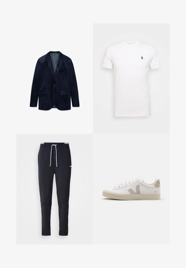 Blazer da uomo in velluto blu navy con rever a incavo, chiusura con un bottone, due tasche frontali con patta e una tasca sul petto.; T-shirt bianca in cotone con colletto a girocollo. Presenta un piccolo logo blu scuro sul lato sinistro del petto. Maniche corte, superficie liscia.; Pantaloni jogger slim-fit neri con cordoncino bianco, vita elastica con strisce bianche e piccolo logo bianco sulla coscia superiore.; Sneaker bianco in pelle con accenti beige, suola piatta in gomma, punta rotonda e logo a contrasto ai lati e sul retro. Design con lacci.
