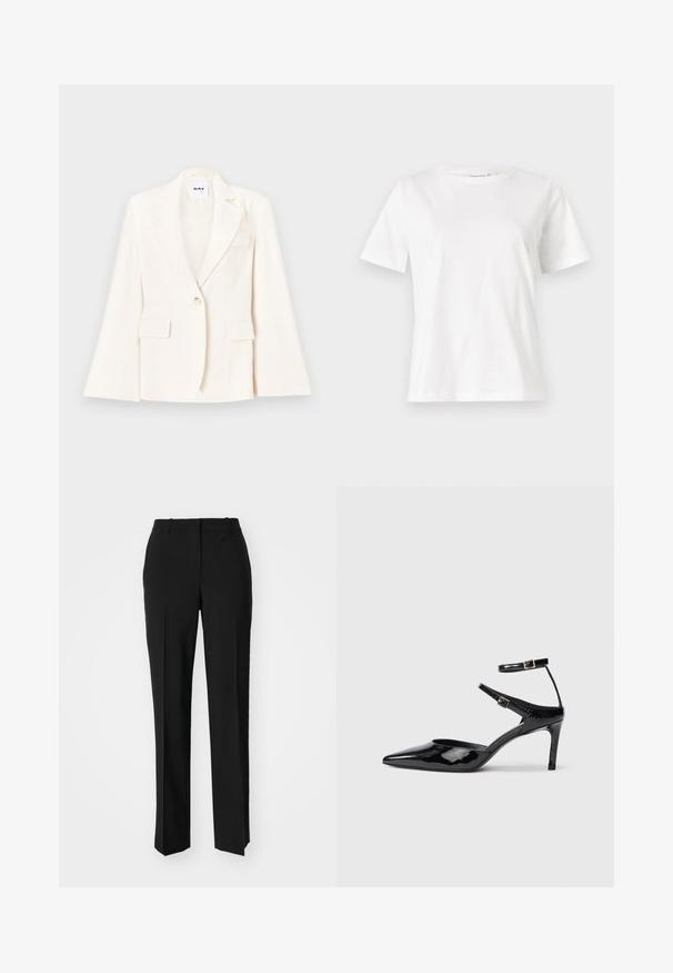 Balta pritaikyta švarkas su viena mygtuku, dviem priekinėm kišenėm ir įpjautu apykakle. Lygus tekstūra su struktūrizuota siluetu.; Balta medvilninė marškinėliai trumpomis rankovėmis, su apvalia iškirpte ir laisvu siluetu. Lygi tekstūra, be raštų ar akcentų, minimalistinis dizainas.; Juodi pritaikyti kelnių modeliai su tiesiomis kojomis, pasižyminčios lygiomis tekstūromis ir ryškiomis klostėmis priekyje. Nėra matomų detalių.; Juodos lakinės odos aukštakulnės su smailiu koja, reguliuojamais kulkšnies dirželiais ir lieknu kulnu. Lygus paviršius su blizgiu apdaila.