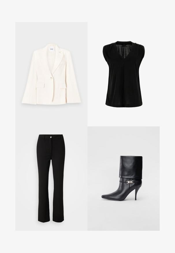 Białe dopasowane żakiet z pojedynczym guzikiem, dwoma przednimi kieszeniami i wyciętymi klapami. Gładka tekstura z wyraźną sylwetką.; Czarna bezrękawnikowa bluzka z dekoltem w kształcie litery V, wykonana z gładkiego materiału. Charakteryzuje się marszczonymi detalami na ramionach oraz luźnym krojem, z prostym dołem.; Guess ZOE czarny; Czarne skórzane botki za kostkę z ostrym noskiem, wysokim obcasem w kształcie stiletto, z załamanym mankietem oraz złotym dekoracyjnym zapięciem na kostce.