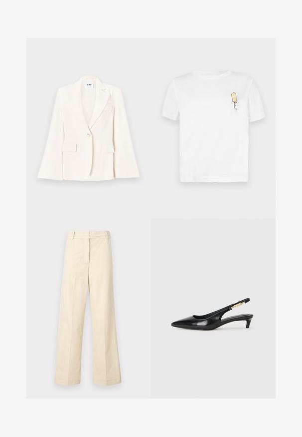 Blazer blanco ajustado con un botón, dos bolsillos delanteros y solapa con muesca. Textura suave con una silueta estructurada.; Camiseta de algodón blanca con mangas cortas que presenta un gráfico minimalista de un helado amarillo bordado en el lado izquierdo del pecho.; Pantalones de pierna ancha beige con frente plano, presillas para cinturón y cremallera. Fabricados en material de algodón ligero con una textura suave.; Tacones negros de piel sintética tipo slingback con punta afilada, que cuentan con un tacón delgado y un detalle en tono dorado en la correa ajustable. Textura suave.