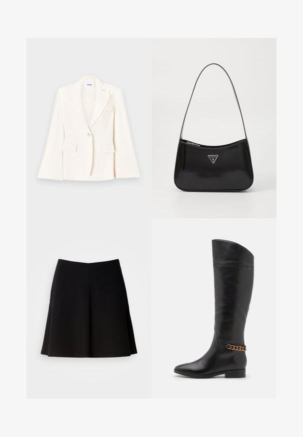 Weißer maßgeschneiderter Blazer mit einem einzelnen Knopf, zwei Fronttaschen und einem Revers. Glatte Textur mit einer strukturierten Silhouette.; Weißes, kurzes T-Shirt, kurze weite Ärmel, weicher Baumwollstoff, runder Ausschnitt mit subtilen orangefarbenen Akzenten, minimales Design, keine Muster oder Grafiken.; Schwarzer, ausgestellter Rock aus weichem Stoff, mit einem taillierten Bund und Nahtdetails. Glatte Textur mit einem schlichten, klassischen Design.; Hohe schwarze Lederstiefel mit elegantem Design, spitzer Zehe und einem goldenen Kettenakzent am Knöchel. Tiefer Blockabsatz. Glatte Textur.; Schwarze patentierte Leder-Schultertasche mit geschwungener Form, ausgestattet mit einem silbernen Dreieckslogo und einem Reißverschluss. Glatte Textur und schmaler Riemen.