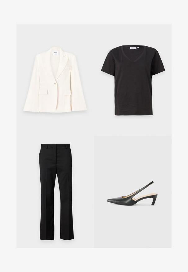 Witte op maat gemaakte blazer met een enkele knoop, twee voorzakken en een gekartelde kraag. Een gladde textuur met een gestructureerd silhouet.; Zwarte katoenen T-shirt met een V-hals en korte mouwen. Eenvoudig ontwerp met een regular fit en zonder patronen of accenten.; Zwarte op maat gemaakte broek met een recht gesneden ontwerp. Gemaakt van een gladde stof, met een vlakke voorkant en een standaard tailleband met riemlussen.; Zwarte puntige slingback schoen met een lage hak, gemaakt van soepel leer en voorzien van een uitsnede aan de zijkant voor ventilatie.