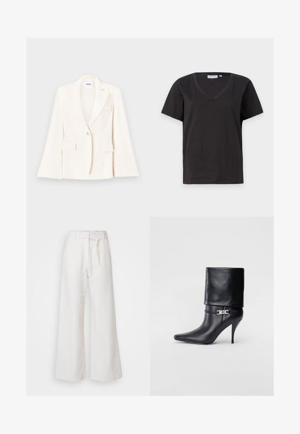 Bílý tailored blazer s jedním knoflíkem, dvěma předními kapsami a klopou s výřezem. Hladká textura s vysoce strukturovaným siluetou.; Černé bavlněné tričko s výstřihem do V a krátkým rukávem. Jednoduchý design s klasickým střihem bez vzorů nebo akcentů.; DAY Birger et Mikkelsen TERRI SOLID - Kalhoty - cloud cream; Černé kožené kotníkové boty s špičatou špičkou, vysokým stiletto podpatkem, ohrnovací manžetou a zlatým ozdobným přezkovým detailem na kotníku.