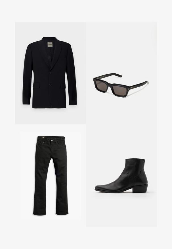 Blazer azul marino de tela suave con solapa con muesca, cierre de un botón, dos bolsillos frontales y un forro interior sutil.; Sudadera de manga larga color beige con cuello redondo, hecha de material suave, con puños y dobladillo acanalados, de textura lisa y diseño minimalista.; Jeans de mezclilla negra con un diseño de pierna recta, cinco bolsillos, cierre de botón de metal y detalles de costura sutiles. Textura suave y color sólido.; Botín negro de cuero hasta el tobillo con puntera afilada, detalles de costura mínimos, tacón de bloque de altura media y un acabado suave y pulido.; Gafas de sol rectangulares negras con lentes oscuros, marco de plástico grueso, acentos dorados en las patillas y logotipo de la marca grabado en el brazo.