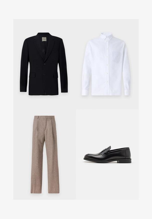 Marineblazer van gladde stof met een gelogen revers, een enkele knoopsluiting, twee voorzakken en een subtiele binnenvoering.; Witte lange mouwen overhemd van katoen, met een borstzak met tonale borduring, een kraag en knopenmanchetten.; Bruine, hooggewaisted broeken van een gestructureerde stof. Heeft wijde benen en twee voorplooien voor extra structuur. Net afgewerkt zonder zichtbare hardware.; Zwarte leren instappers met een gladde textuur, ronde neus en een decoratieve band over de wreef. Lage, gestapelde hak en minimalistisch ontwerp.