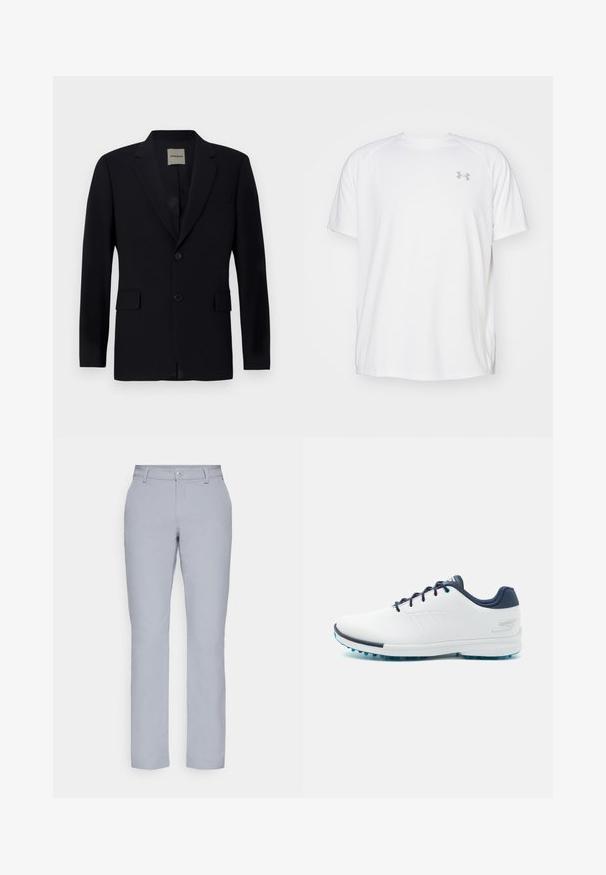 Blazer azul marino de tela suave con solapa con muesca, cierre de un botón, dos bolsillos frontales y un forro interior sutil.; Camisa atlética de manga corta blanca, hecha de tejido suave. Presenta un cuello redondo y un logo gris en el lado izquierdo del pecho, con aberturas laterales en el dobladillo.; Pantalones de color gris claro con corte recto, cierre de botón, bolsillos frontales y una tela lisa y texturizada. Diseño minimalista, sin patrones.; Zapatillas deportivas blancas con una parte superior sintética lisa, acentos en azul, talón texturizado azul marino y una suela ligera con clavos para mayor tracción.