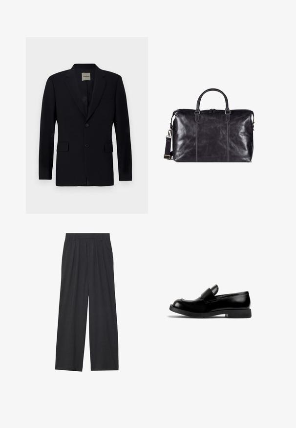 Granatowa marynarka wykonana z gładkiego materiału, z klapami w szpic, zapięciem na jeden guziczek, dwoma przednimi kieszeniami i subtelnym podszyciem wewnętrznym.; Czarny krótki rękaw T-shirt z okrągłym dekoltem, wykonany z gładkiej tkaniny, z detalami szwów i małą metką z logo blisko dołu.; Szerokie spodnie wykonane z ciemnoszarego materiału. Posiadają pliski w talii, dopasowany krój oraz prostą sylwetkę.; Czarne skórzane mokasyny z zaokrąglonym noskiem, płaską gumową podeszwą i wyraźnym paskiem na wierzchu. Gładka tekstura, minimalistyczny design.; Czarna skórzana torba podróżna z podwójnymi uchwytami, regulowanym paskiem na ramię i subtelnymi detalami w szwie. Gładka tekstura i zamek błyskawiczny.