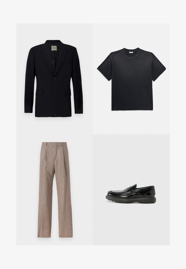 Marineblazer van gladde stof met een gelogen revers, een enkele knoopsluiting, twee voorzakken en een subtiele binnenvoering.; Zwarte katoenen t-shirt met een ronde halslijn en korte mouwen. Heeft een ontspannen pasvorm, een gladde textuur en een minimalistisch ontwerp.; Bruine, hooggewaisted broeken van een gestructureerde stof. Heeft wijde benen en twee voorplooien voor extra structuur. Net afgewerkt zonder zichtbare hardware.; Zwarte leren instapper met een glanzende afwerking, een ronde neus, subtiele stiksels en een dikke rubberen zool voor duurzaamheid.