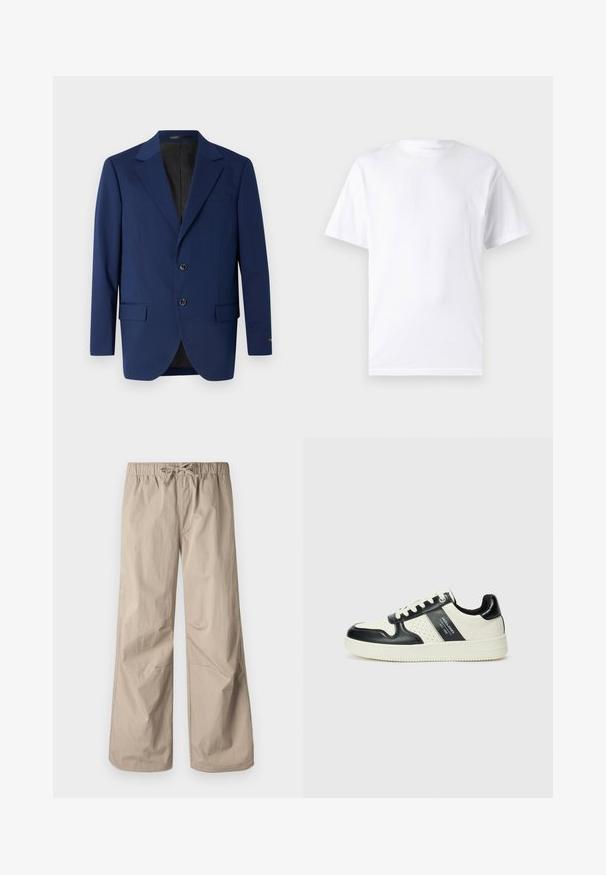 Blazer azul marinho feito de tecido suave, com lapela de pico, dois botões e dois bolsos frontais, além de um bolso no peito.; Camiseta branca de mangas curtas em algodão com decote arredondado, apresentando uma textura suave e um design simples, sem padrões ou detalhes.; Calças largas bege com cintura elástica e cordão. Textura suave, dois bolsos laterais e costuras mínimas para um ajuste descontraído.; Ténis de couro com um esquema de cores em preto e creme, apresentando detalhes perfurados, um colarinho acolchoado e uma sola texturizada.