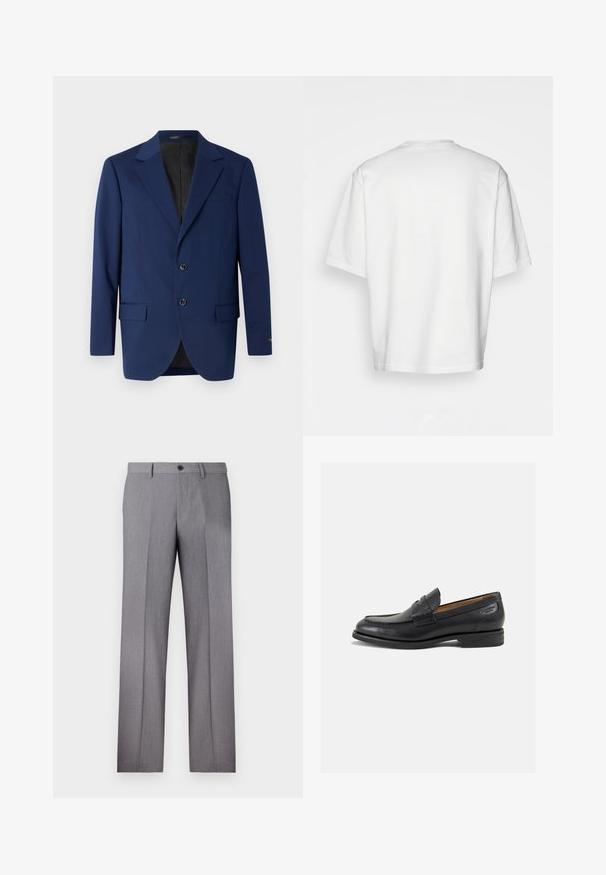 Marineblå blazer lavet af glat stof, med en notch-lapel, to knapper og to forreste lommer samt en enkelt brystlomme.; Hvid kortærmet T-shirt, løstsiddende, rund halsudskæring, glat bomuldsstof, enkel ryg, lige kant, ingen mønstre eller detaljer.; Grå skræddersyede bukser med flad front, to sidelommer og en enkelt knaplukning. Glat tekstur med et subtilt stribemønstret design.; Sorte læder loafers med en glat finish, rund tå og dekorativ syning på vampen. Lav stablet hæl og let glans.