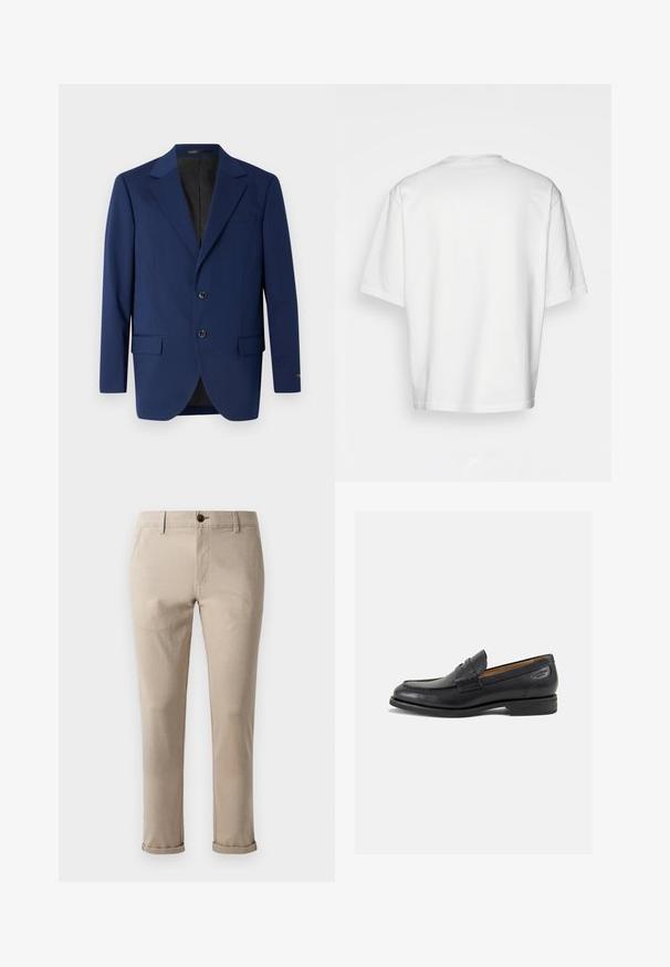 Navy blue blazer made of smooth fabric, featuring a notch lapel, two buttons, and two front pockets with a single chest pocket.; White short-sleeve t-shirt, loose fit, round neckline, smooth cotton fabric, unembellished back, straight hemline, no patterns or accents.; Jack & Jones JPSTMARCO FURY - Chinos - atmosphere; Black leather loafers with a smooth finish, rounded toe, and decorative stitching on the vamp. Low stacked heel and slight shine.