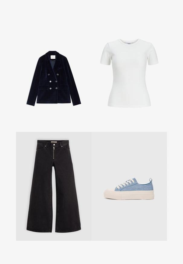 Granatowy welurowy dwurzędowy żakiet z klapami szpiczastymi, czterema guzikami, dwiema przednimi kieszeniami i gładką teksturą. Etykieta widoczna wewnątrz.; Biała, żebrowana koszulka z krótkim rękawem o okrągłym dekolcie i dopasowanym kroju. Wykonana z gładkiego materiału, idealna do noszenia na warstwy lub na co dzień.; Jeans o szerokich nogawkach w czarnym denienie z zamkiem błyskawicznym z przodu, pięcioma kieszeniami i subtelnymi detalami przeszycia. Gładka tekstura i swobodny styl.; Jasnoniebieskie płócienne sneakersy z kremowym czubkiem z gumy i podeszwą, z białymi sznurówkami i pętelką na pięcie.