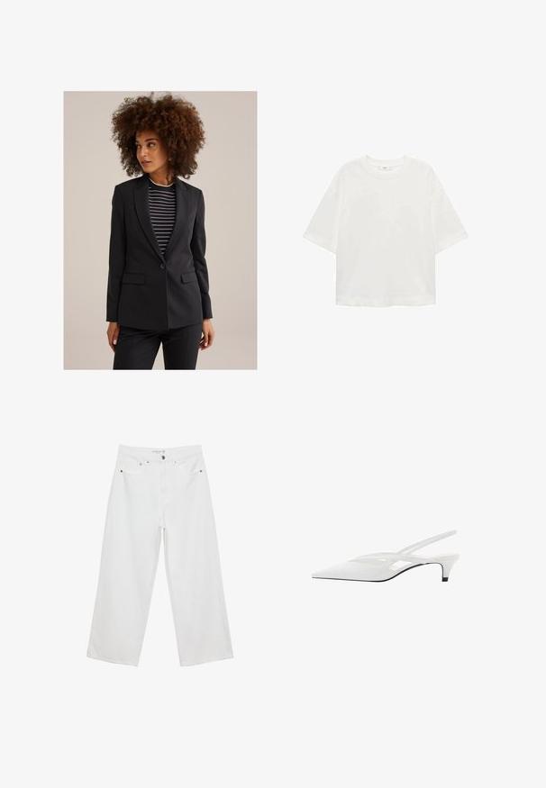 Donna con capelli ricci che indossa un blazer nero su una maglietta a righe bianche e nere, che guarda di lato contro uno sfondo semplice.; T-shirt bianco a maniche corte con scollo rotondo, vestibilità comoda, realizzato in un tessuto morbido. Senza fantasie o dettagli, con orlo standard.; Jeans bianchi a gamba larga realizzati in denim con vita alta, dotati di cinque tasche e dettagli in metallo. Texture liscia, senza motivi visibili.; Décolleté bianco con punta affilata, caratterizzato da una tomaia liscia, sottili aperture e un tacco a blocco basso. La suola nera esalta il design.