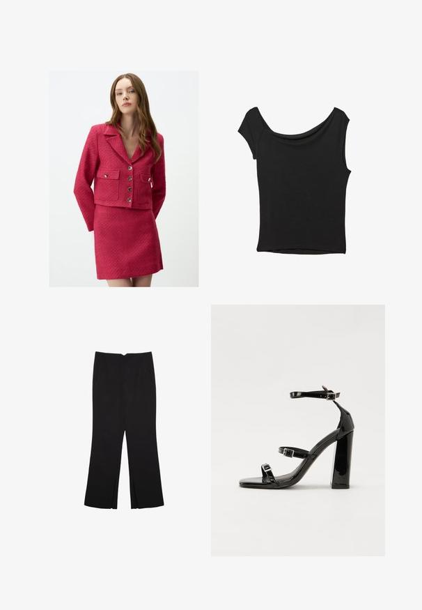 Blazer texturé rose vif avec un col, quatre poches et des boutons en argent, associé à une jupe mini texturée assortie.; Haut noir à manches courtes en tissu lisse ; il présente un col drapé et un ourlet asymétrique, avec un corps ajusté.; Pantalon noir avec une coupe droite, doté de poches avant et d'éclairs sur l'ourlet. Fabriqué en tissu doux et lisse. Convient à diverses occasions.; Sandales à talons vernies noires avec un bout carré, des sangles autour de la cheville et des boucles en argent. Dotées d'un talon bloc épais pour plus de stabilité.