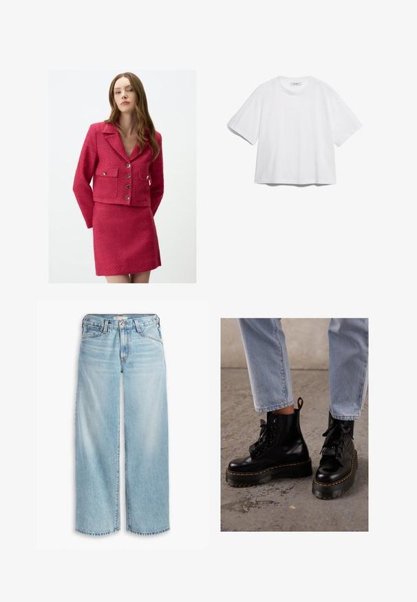 Felle roze textuur blazer met een kraag, vier zakken en zilveren knopen, gecombineerd met een bijpassende textuur minirok.; Witte katoenen T-shirt met korte mouwen, ronde halslijn, losse pasvorm en geen zichtbare patronen of afbeeldingen. Effen textuur en eenvoudig ontwerp.; Lichtblauwe wijde jeans van denim, met een hoge taille, knoopsluiting en een rafelige zoom. Zichtbare stiksels en zakken.; Zwarte leren enkellaarsjes met een chunky zool, ronde neus, lintveters, gele stiksels en een treklipje aan de achterkant.