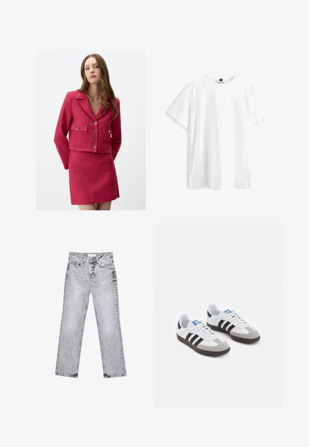 Felle roze textuur blazer met een kraag, vier zakken en zilveren knopen, gecombineerd met een bijpassende textuur minirok.; Witte T-shirt met korte mouwen, gemaakt van katoen, met een ronde hals, rechte zoom en een zachte, gladde textuur. Geen patronen of graphics.; Grijze denim jeans met een rechte pijp, versleten details, vijf zakken en koperen klinknagels. De tailleband is voorzien van een logo-label.; Sportschoenen met een witte leren bovenkant, grijze suède neus en drie zwarte strepen. Bevat een blauw logo op de tong en een gestructureerde rubberen zool.