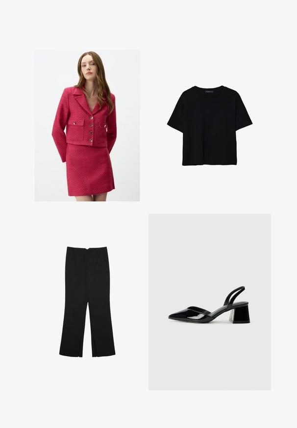 Jasnoróżowa teksturowana marynarka z kołnierzem, czterema kieszeniami i srebrnymi guzikami, zestawiona z pasującą teksturowaną mini spódnicą.; Czarna koszulka z krótkim rękawem wykonana z bawełny. Posiada okrągły dekolt i luźny krój z gładką, jednolitą teksturą. Brak widocznych wzorów lub akcentów.; Czarne spodnie o prostym kroju, z przednimi kieszeniami i bocznymi rozcięciami na dole. Wykonane z miękkiego, gładkiego materiału. Odpowiednie na różne okazje.; Czarne lakierowane półbuty na obcasie z wydłużonym noskiem i geometrycznym słupkiem. Charakteryzują się eleganckim, minimalistycznym designem oraz gładką fakturą.