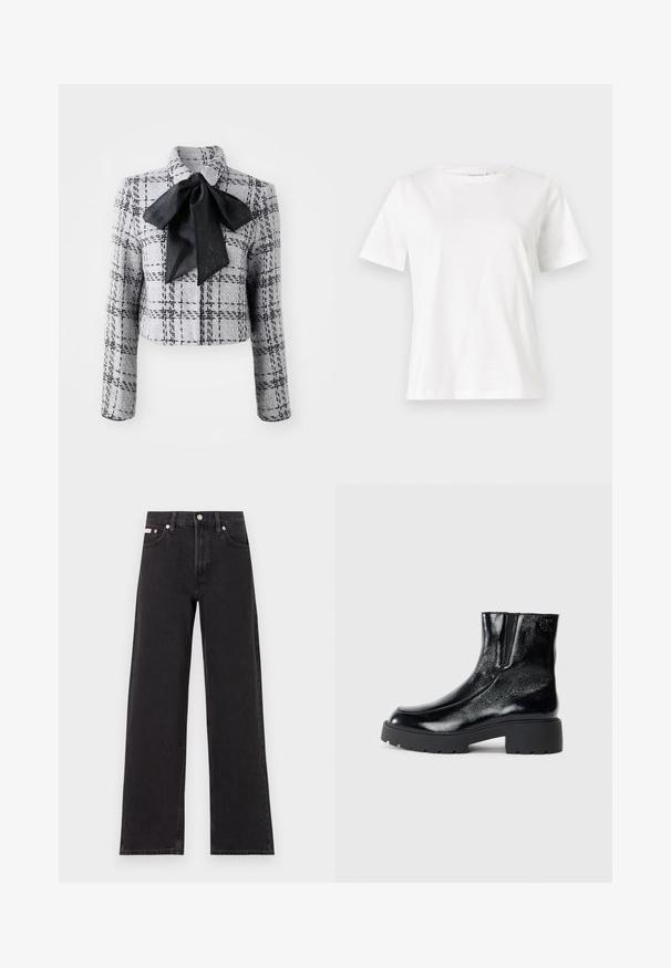 Marc Cain Blazer - grey; Weißes Baumwoll-T-Shirt mit kurzen Ärmeln, Rundhalsausschnitt und lockerer Passform. Glatte Textur, keine Muster oder Akzente, minimalistisches Design.; Schwarze weit geschnittene Jeans aus Denim mit einem hoch sitzenden Bund, fünf Taschen und einem Metallknopfverschluss mit kontrastierendem Nähte.; Schwarze Knöchelstiefel mit glänzender Lackleder-Oberfläche, einer kräftigen gummierten schwarzen Sohle und Absatz; mit dezentem Logodetail an der Seite.