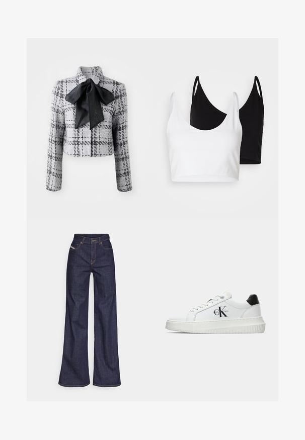 Marc Cain Blazer - grey; Twee katoenen crop tops in wit en zwart. Elke top heeft een diepe halslijn en dunne schouderbandjes, met een gladde, zachte textuur.; Donkerblauwe wijde jeans van denimstof met een hoge taille, voorzien van oranje stiksels, een vijf-pocket ontwerp en een knoopsluiting.; Witte lage sneaker met zwarte hiel tab, plateauzool, veters en Calvin Klein "CK" logo aan de zijkant.