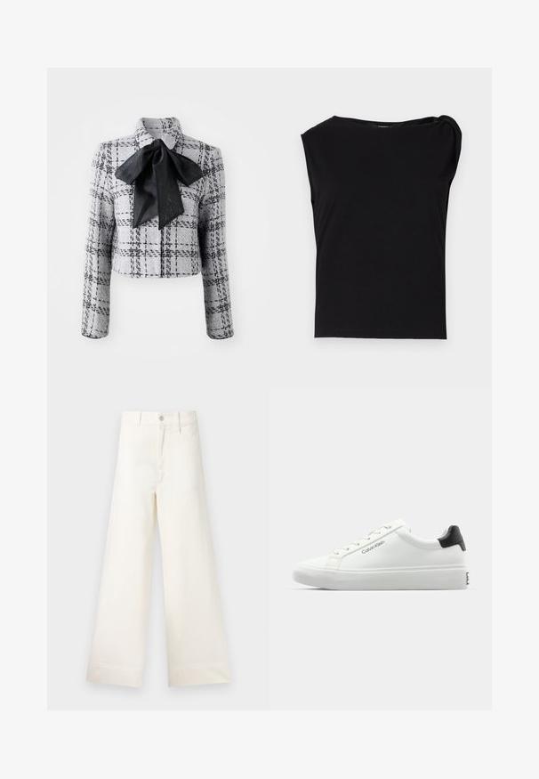 Marc Cain Blazer - grey; Zwart kortmouwtop gemaakt van soepel stof. Heeft een ronde halslijn en een gedrapeerd detail op de schouder. Eenvoudig, aansluitend ontwerp.; Bredere broek van lichtbeige katoen. Heeft een hoge taille, voorzakken en een rechte snit. Schoon afgewerkte zoom zonder patronen.; Witte sneaker met een gladde afwerking, zwarte hielaccenten en vetersluiting. Bevat "Calvin Klein" branding aan de zijkant. Minimalistische stijl.