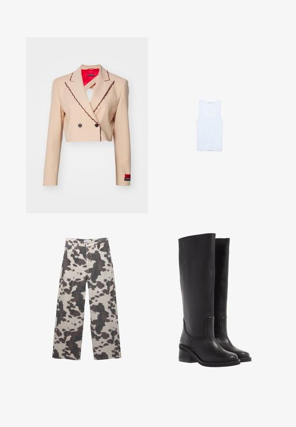 Afklippet beige blazer lavet af stof, med kontrasterende rød for, sort kant med dekorative løkker og dobbelt knaplukning.; Hvid bomulds tanktop, med rund halsudskæring og brede skulderstropper. Glat tekstur, ærmeløs design og en tætsiddende silhuet.; Bredde jeans i en beige farve med et brunt kuprinthmønster. Har knaplukning og design med fem lommer. Lavet af denimstof.; Sorte læder knæ-høje støvler med en glat tekstur, rund tå og en chunky hæl. Har diskret syninger og et strømlinet design.