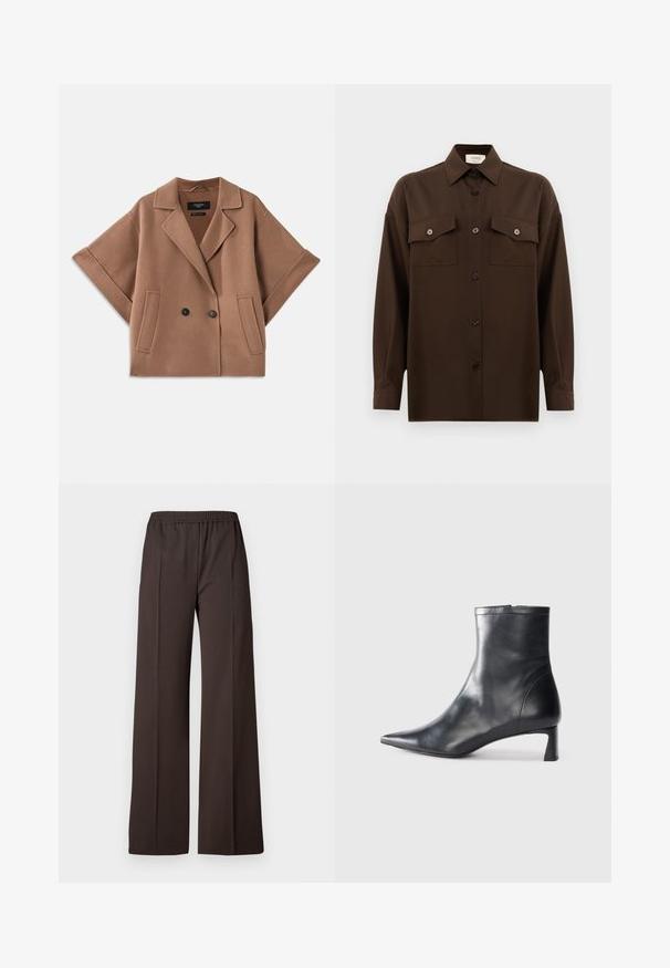 Double-breasted brown wool-blend coat with wide sleeves, lapel collar, and two front pockets. Smooth texture and tailored design.; Dark brown long-sleeve button-up shirt with two flap chest pockets and a classic collar, displayed against a plain white background.; Wide-leg trousers in dark brown fabric with an elastic waistband, featuring a smooth texture and clean lines for a tailored look.; Black leather ankle boot with a pointed toe and a sleek design. Features a low heel and a zipper closure at the back. Smooth texture.