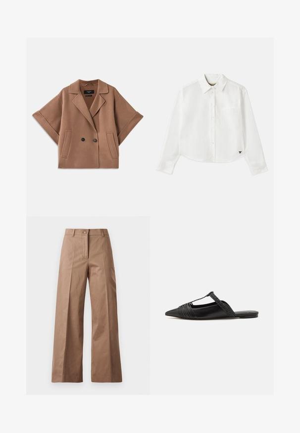 Double-breasted brown wool-blend coat with wide sleeves, lapel collar, and two front pockets. Smooth texture and tailored design.; White cropped long-sleeve shirt made of cotton. Features a button-up front, a chest pocket, and a small black logo on the bottom left.; Brown wide-leg trousers made from a smooth fabric, featuring a front button closure, two front pockets, and clean, tailored lines.; Black leather slingback shoe with a pointed toe, featuring a woven accent and pleated upper design. Flat sole with minimal hardware.