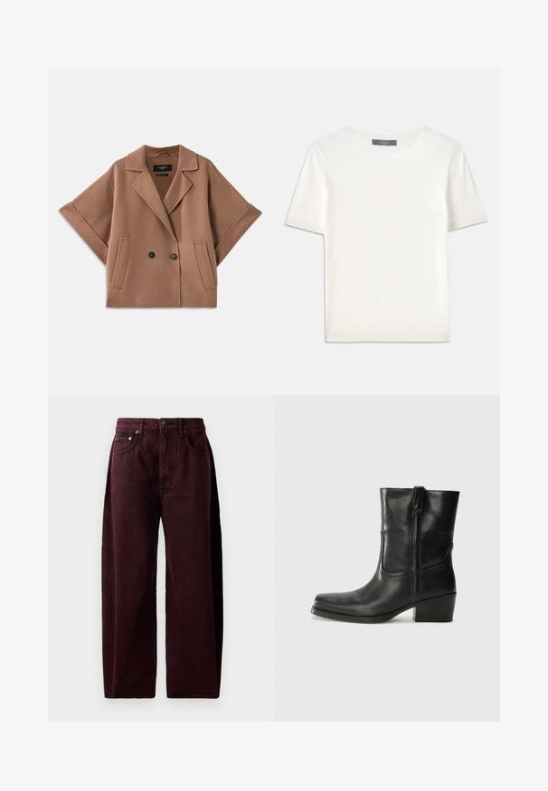 Podwójnie zapięty brązowy płaszcz z mieszanki wełny z szerokimi rękawami, kołnierzem i dwiema przednimi kieszeniami. Gładka tekstura i dopasowany krój.; Biała krótki rękaw dzianinowa bluzka z okrągłym dekoltem, charakteryzująca się gładką teksturą i subtelnymi prążkowanymi akcentami na rękawach oraz u dołu.; Bordowe dżinsy typu wide-leg z bawełnianego denimu, z wysokim stanem, przednimi kieszeniami i widocznym szwem. Klasyczny projekt pięciu kieszeni.; Czarne skórzane botki za kostkę z okrągłym noskiem, słupkowym obcasem, bocznym zamkiem i przeszyciami na cholewce. Gładka tekstura, klasyczny design.