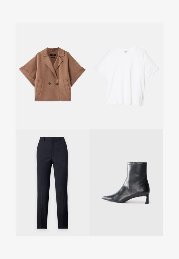 Dvojnajstni rjav plašč iz mešanice volne s širokimi rokavi, ovratnikom in dvema sprednjima žepoma. Gladka tekstura in krojen design.; Bela bombažna majica s kratkimi rokavi, okroglim izrezom, sproščenim krojem in šivanim robom. Oznaka vidna na notranji strani izreza.; Zadnje hlače v mornarično modri barvi s ravnim krojem, ki imajo gladko teksturo, dve sprednji žepki in čisto pasnico.; Črne usnjene gležnjarje s šiljastim nosom in elegantnim dizajnom. Imajo nizko peto in zadrgo na zadnji strani. Gladka tekstura.