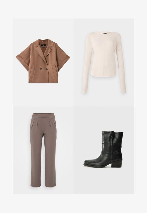 Cappotto doppiopetto in misto lana marrone con maniche ampie, colletto a risvolto e due tasche anteriori. Texture liscia e design sartoriale.; Maglietta a maniche lunghe di colore beige chiaro con scollatura rotonda. Realizzata in tessuto morbido, presenta una cucitura centrale e un orlo leggermente curvato. Senza hardware visibile.; Pantaloni taupe a vestibilità ampia con elastico in vita e pieghe frontali, realizzati in tessuto morbido.; Stivale ankle in pelle nera con punta arrotondata, tacco a blocco, cerniera laterale e dettagli in cucitura sulla tomaia. Texture liscia, design classico.