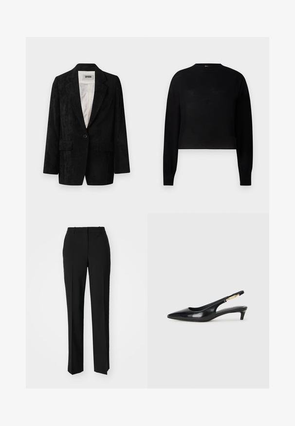 Černý kordový blejzr s jedním knoflíkem, s klopami, dvěma předními kapsami a hladkým podšívkem. Texturovaná látka s vertikálními žebry.; Černý, dlouhý rukáv, cropped svetr s kulatým výstřihem. Vyrobený z lehkého materiálu s hladkou texturou a minimálním designem.; Černé kalhoty na míru se střihem do rovna, které mají hladkou texturu a ostré sklady na přední straně. Bez viditelného kování.; Černé kožené boty na podpatku s otevřenou patou a špičatou špičkou, s tenkým podpatkem a zlatým akcentem na nastavitelném pásku. Hladký povrch.