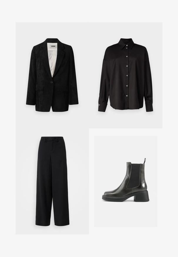 Čierny kordurový blejzer s jedným gombíkom, klopovými reverzami, dvoma prednými vreckami a hladkou podšívkou. Textúrovaná tkanina s vertikálnymi ryhami.; DRYKORN LYSILA - Blúzka so zapínaním na gombíky - black; Čierne široké nohavice vyrobené z hladkej tkaniny, s plochým predným dizajnom, plisovanými detailmi a pútkami na opasok v páse.; Čierne kožené členkové čižmy s hladkým povrchom, elastickými bočnými panelmi a masívnym opätkom. Obsahujú úchyt na jednoduchšie obúvanie.