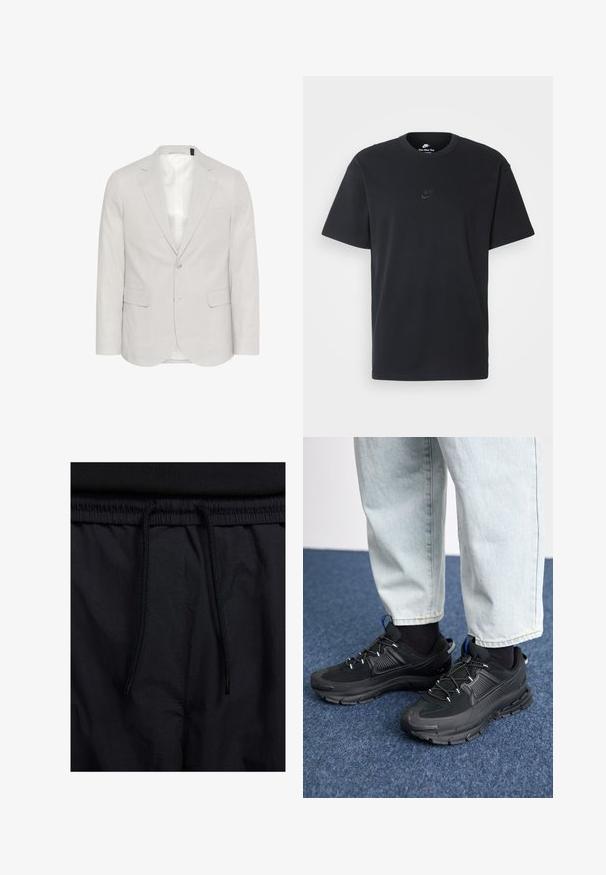 Heled hall linenist koosnev bleiser, millel on sissetoodud krae, kaks eesmist taskut ja kahe nööbiga kinni pandud, siledast voodrist.; Nike musta mustast puuvillast T-särk klassikalise ümmarguse kaelusega, lühikeste varrukatega ja õrna, reljeefse logoga rinnal. Sile tekstuur.; Mustad lühikesed püksid, millel on paelaga vöökoht, kerge kangas, mis on sileda tekstuuriga ning lihtne disain ilma nähtavate logode või mustriteta.; Mustad mustad jooksukingad, millel on tekstureeritud kangas ja kummist tallad, elastsed nöörid ning sinine aksent kandadel. Kandmine heledate teksadega.