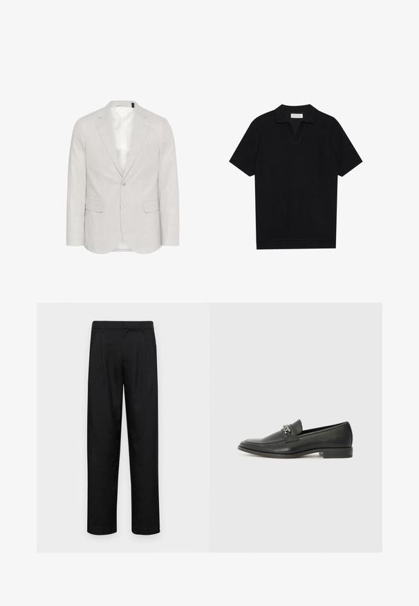 Vaalea harmaa bleiseri, joka on valmistettu pellavasekoitetta, varustettu leikattulla kauluksella, kahdella etutaskulla ja kaksinappisella suljennalla, sekä sileällä vuorauksella.; Mustan lyhythihainen polo-paita, jossa on teksturoitu, ribattua kangasta, v-pääntie ja suora helma. Ei näkyviä logoja tai kuvioita.; Mustat housut, jotka on valmistettu sileästä kankaasta, suoran lahkeen muotoilulla, kahdella etupleekillä ja tavanomaisella vyötäröllä, jossa on vyölenkit.; Musta nahkakengät, joissa on sileä pinta, koristeelliset ompeleet ja metalliketjun yksityiskohta kengän päällä. Littee korko.