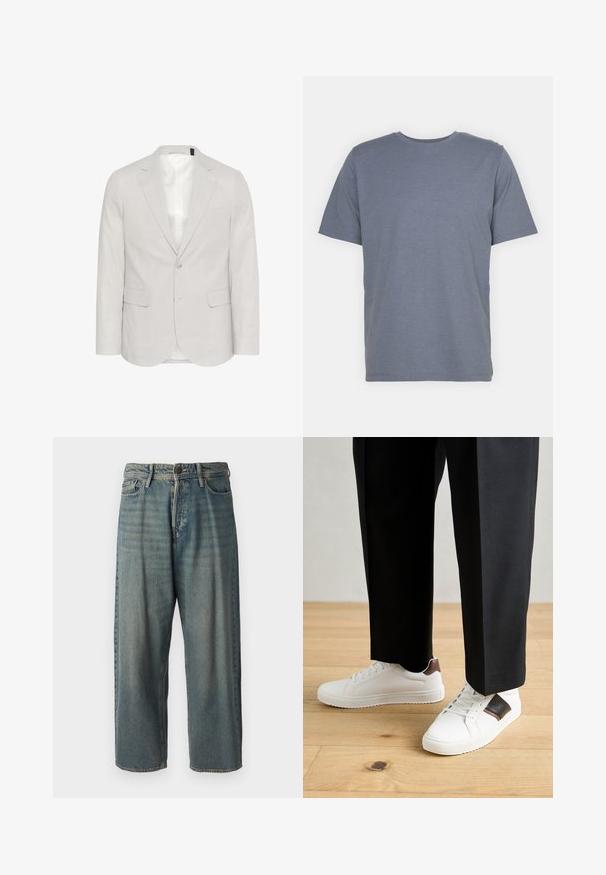 Világosszürke, len keverékből készült blézer, amelynek kifordított hajtókája, két elülső zsebe és sima bélésű, két gombbal záródó változata van.; Szürke, rövid ujjú póló, kerek nyakkal, puha pamut keverékből készült. Egyszerű dizájn, minta vagy díszítés nélkül.; Világoskék farmernadrág, laza fazonnal, közepes derékbőséggel és egyenes szárral. Öt zsebet, övbucskát és gombos záródást tartalmaz.; Fehér sneaker, sima textúrával, barna bőr díszítéssel és fekete részletekkel, fekete szabott nadrággal párosítva. Fából készült padló háttér.
