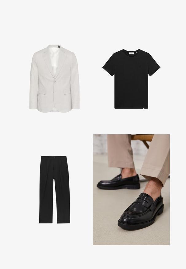Világosszürke, len keverékből készült blézer, amelynek kifordított hajtókája, két elülső zsebe és sima bélésű, két gombbal záródó változata van.; Fekete rövid ujjú pamut póló, kerek nyakkal és egy kis géppel hímzett logóval a mellrészen. Sima tapintás, szabványos illeszkedés.; Fekete nadrág egyenes szárú kialakítással, sima anyagból készült. Elöl redők és egy gombos záródás található a derékon.; Fekete bőr loaferek sima felülettel, díszítő pánttal és kontrasztos varrással, bézs nadrággal párosítva.