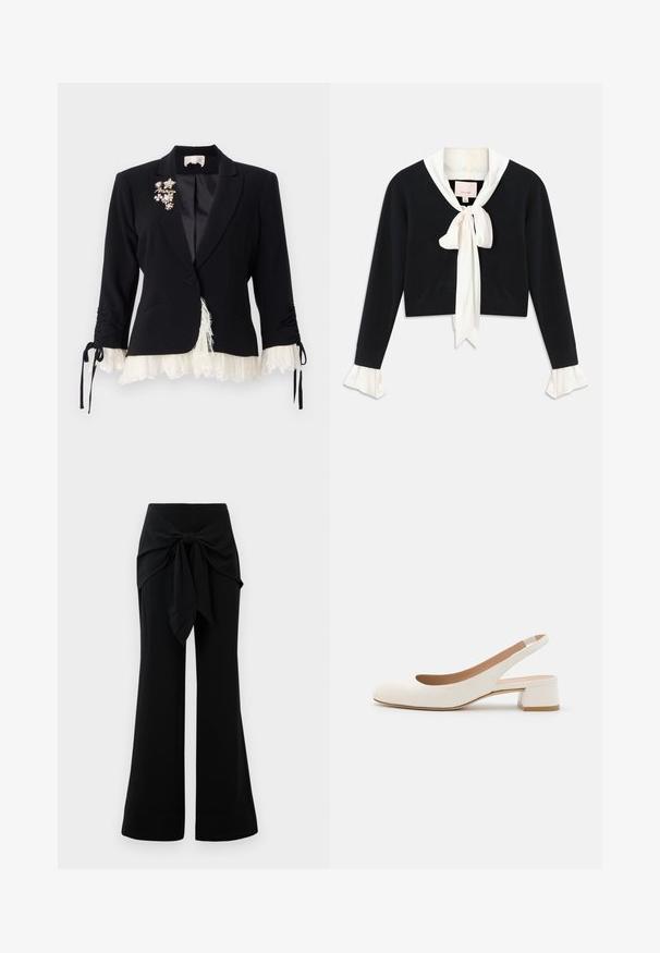 Cinq à Sept ROXIE czarny; Czarny sweter z długim rękawem, krótki, z przyszytym białym kołnierzykiem, przednim krawatem w kokardkę oraz białymi falbaniastymi mankietami na rękawach.; Czarne spodnie o szerokich nogawkach z detalem w postaci taśmy w talii. Wykonane z miękkiego materiału, charakteryzujące się gładką teksturą i czystymi liniami. Nogawki lekko rozszerzane na końcach.; Białe skórzane sandały ze szczupłym obcasem i okrągłym noskiem, niski blokowy obcas oraz gładka faktura. Minimalistyczny design z beżową wkładką i akcentem na obcasie.