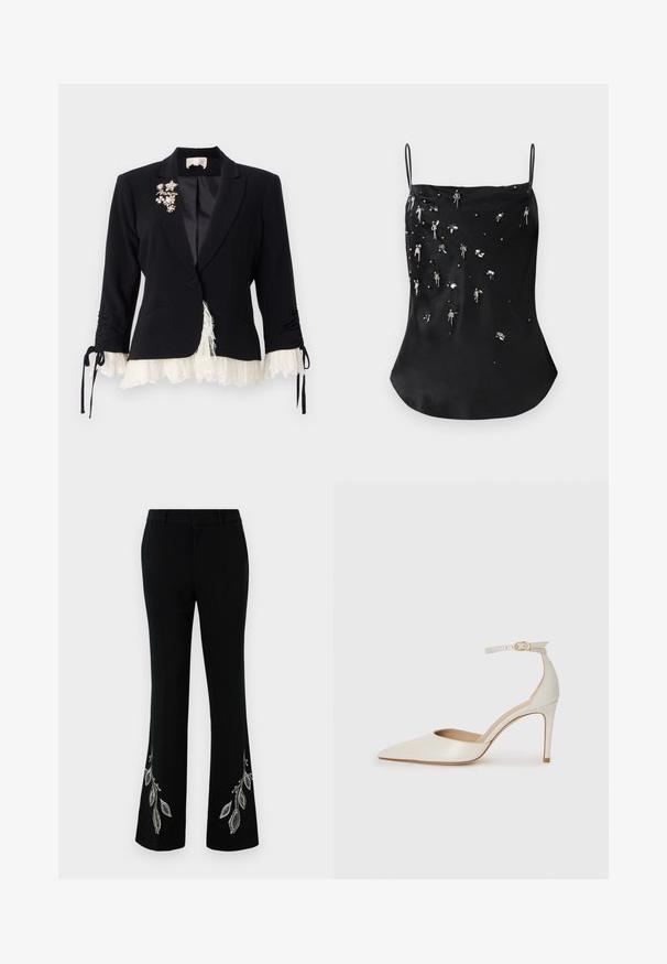 Cinq à Sept ROXIE czarny; Czarny satynowy top na cienkich ramiączkach, ozdobiony rozsypanymi koralikami i cekinami w srebrnych i ciemnych odcieniach, tworzącymi teksturowany wzór.; Czarne spodnie dzwony z ozdobnym haftem srebrnych liści u dołu. Posiadają gładką tkaninę, dopasowany krój i płaski przód.; Białe skórzane szpilki z ostrym noskiem, paskiem wokół kostki i cienką szpilkową obcasem. Gładka faktura z subtelnym połyskiem.