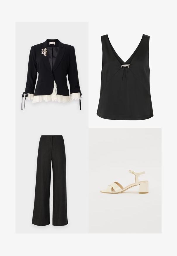 Cinq à Sept LE PETIT ROXIE - Bleiseri - black/ivory; Musta hihaton toppi V-pinnalla, jossa on koristeellinen solmu ja hopeanväriset korostukset keskellä, valmistettu sileästä ja elegantista kankaasta.; Faithfull the brand LULEA PANT - Housut - black; Beige patento nahkapohjalliset korkokengät ristiin menevällä hihnalla, avonaisella varpaalla, säädettävällä nilkkahihnalla ja lohkarekorolla. Sujuva pinta.