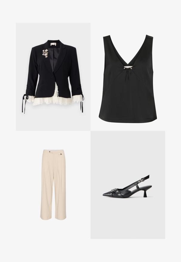 Cinq à Sept LE PETIT ROXIE - Kratka jakna - black/ivory; Crni top bez rukava s V-izrezom, s dekorativnim čvorom i akcentima u srebrnom tonu na sredini, izrađen od glatkog, elegantnog materijala.; Bež hlače širokog kroja s ravnim prednjim dijelom, dva bočna džepa, zatvaranje na dugme i detaljima od plisiranja za dodatnu teksturu i dizajn.; Crne kožne cipele s remenom oko pete, s izduženim vrhom, dekorativnim trakama s metalnim rupama i niskom blok petom. Teksturirana površina.