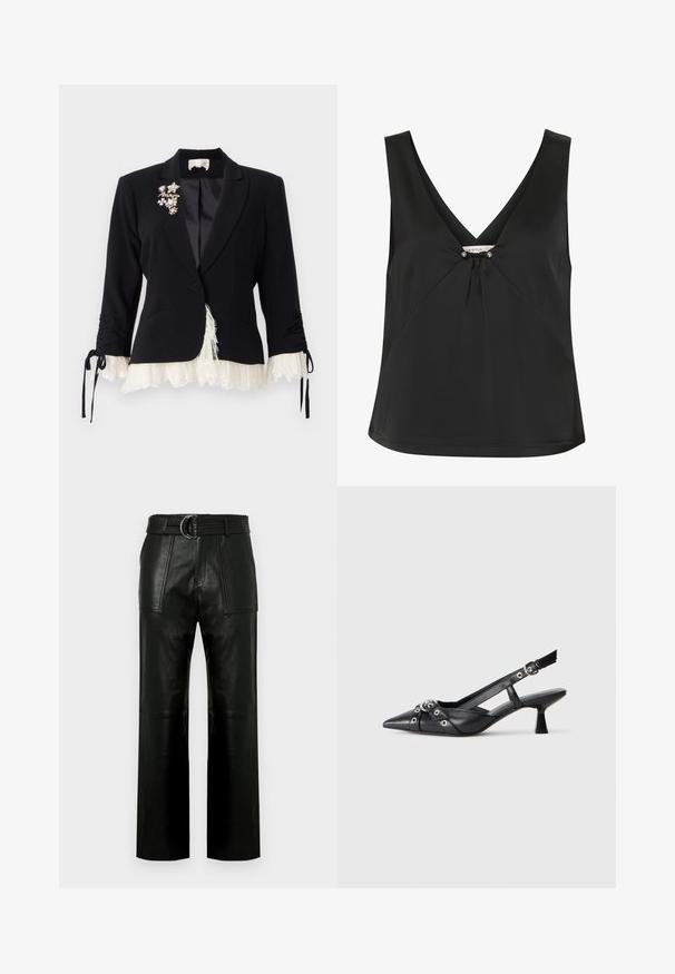 Cinq à Sept LE PETIT ROXIE - Blazer - black/ivory; Top senza maniche nero con scollatura a V, caratterizzato da un nodo decorativo e accenti argentati al centro, realizzato in un tessuto liscio ed elegante.; Pantaloni in pelle nera a vita alta con gambe ampie, grandi tasche anteriori a toppa e una cintura coordinata con fibbia a doppio anello.; Scarpa slingback nera in pelle con punta affusolata, cinturini decorativi con occhielli metallici e tacco basso a blocco. Superficie testurizzata.