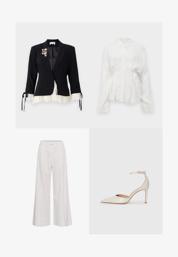 Cinq à Sept LE PETIT ROXIE - Bleiseri - black/ivory; Valkoinen pitkähihainen paita, jossa on terävä kaulus, nappi- edessä ja laskostettu muotoilu. Valmistettu sileästä kankaasta, jossa on hieman kiiltoa.; Peehkarit leveät housut pehmeästä valkoisesta kankaasta, joissa on joustava vyötärö, naru ja sileä pinta ilman lisäkoristeita.; Valkoinen nahkainen korkokenkä, jossa on terävä kärkinen muoto, nilkkaremmi ja kapea korko. Suora pinta, jossa on hienovarainen kiiltävä viimeistely.