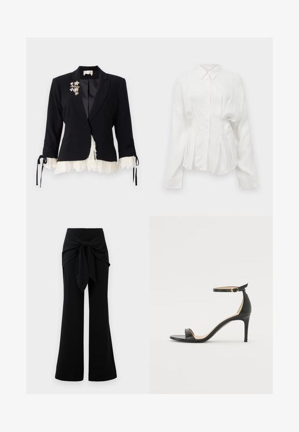 Cinq à Sept LE PETIT ROXIE - Bleiseri - black/ivory; Valkoinen pitkähihainen paita, jossa on terävä kaulus, nappi- edessä ja laskostettu muotoilu. Valmistettu sileästä kankaasta, jossa on hieman kiiltoa.; Mustat leveälahkeiset housut, joissa on vyötärölle sidottava yksityiskohta. Valmistettu pehmeästä kankaasta, joka omaa sileän pinnan ja siistit linjat. Helma on hieman levenevä.; Musta nahkainen korkokenkä nilkkahihnalla. Sen pinta on sileä, avotoppi ja ohut korko. Kultasävyinen solk yksityiskohtana.