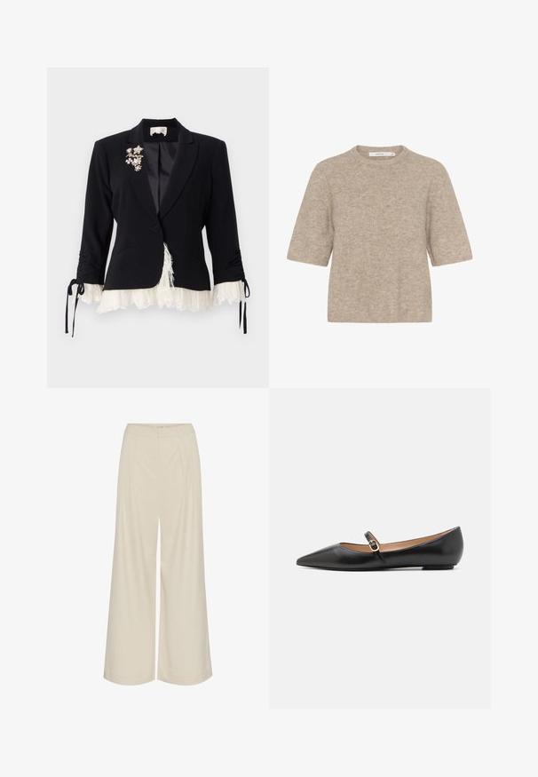 Cinq à Sept LE PETIT ROXIE - Bleiser - black/ivory; Beige lühikeste varrukatega sviiter, mis on valmistatud pehmest kootud kangast, ümmarguse kaeluse ja vaba lõikega. Kangas on kergelt udupehme.; Laia jalad kerge beeži kangaga, millel on voldid, kõrge vöökoht ja sile tekstuur ilma nähtavate kaunistusteta.; Musthave mustanahkased balletkingad terava varbaga ja külgrihmaga, millel on ümmargune kuldne aksessuaar. Kerged ja tasase tallaga.