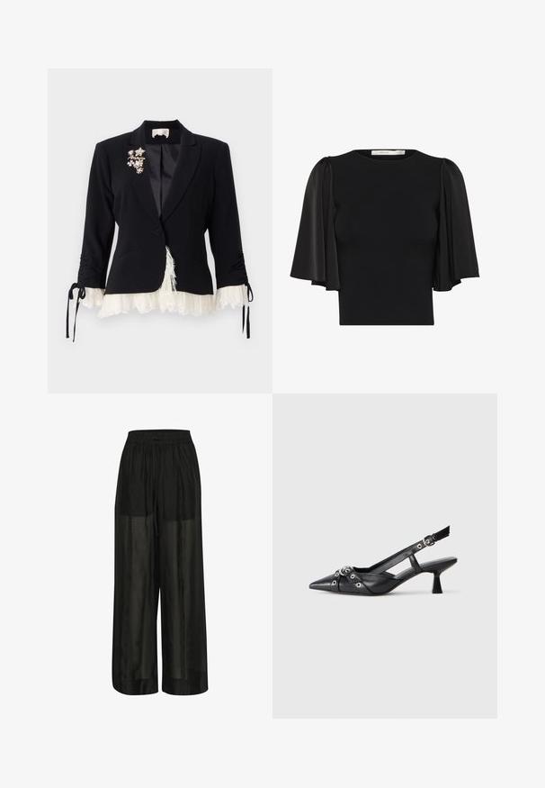 Cinq à Sept LE PETIT ROXIE - Bleiseri - black/ivory; Mustapaita, jossa on lyhyet puff-hiat läpikuultavasta kankaasta, pyöreä pääntie ja tiukka malli. Pehmeä pinta ja sileä viimeistely.; Mustat leveälahkeiset housut, jotka on valmistettu läpinäkyvästä kankaasta. Housuissa on joustava vyötärö, jossa on kiristysnauha säädettävää istuvuutta varten, ja ne tuntuvat sileiltä.; Mustat nahkakengät, joissa on avonainen takaosa ja kärjessä terävä muoto, koristevyöt, joissa on metalliset reiät, sekä matala lohkoepohja. Teksturoitu pinta.