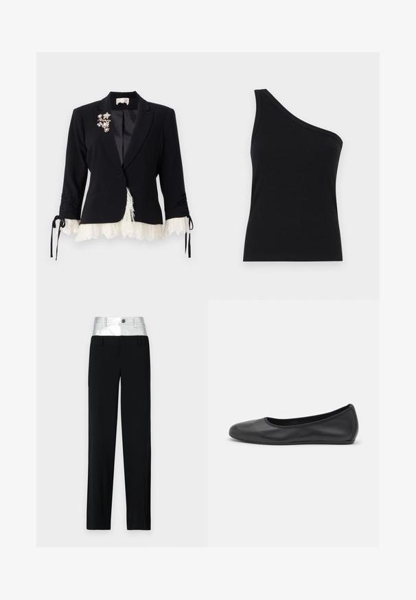 Cinq à Sept LE PETIT ROXIE - Blazer - black/ivory; One-shoulder black ribbed tank top with a fitted design and soft texture. Features a clean, minimal cut and smooth neckline.; Black trousers with a shiny silver waistband. Features a button closure and four pockets, with a tailored fit and a straight leg design.; Black leather ballet flat with a rounded toe, smooth texture, minimal stitching detail, and a flexible sole design.