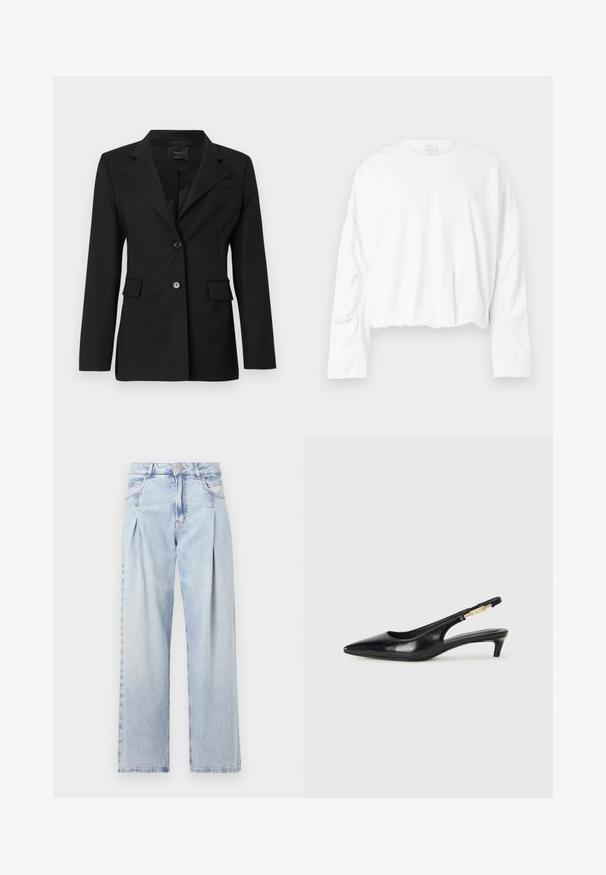 Sacou negru croit, cu rever înnotat, două buzunare frontale și închidere cu un singur nasture. Fabricat dintr-un material neted cu o croială structurată.; Hanorac alb, cu mânecă lungă, scurt, cu gât rotund și material din bumbac moale. Prezintă o ușoară adunare la talie și o textură netedă.; Jeans din denim albastru deschis cu talie înaltă, croială evazată, două buzunare laterale și un design pliat. Textură moale cu un finisaj decolorat.; Sandale slingback din piele neagră cu vârf ascuțit, având un toc subțire și un accent de culoare aurie pe curea ajustabilă. Textură netedă.